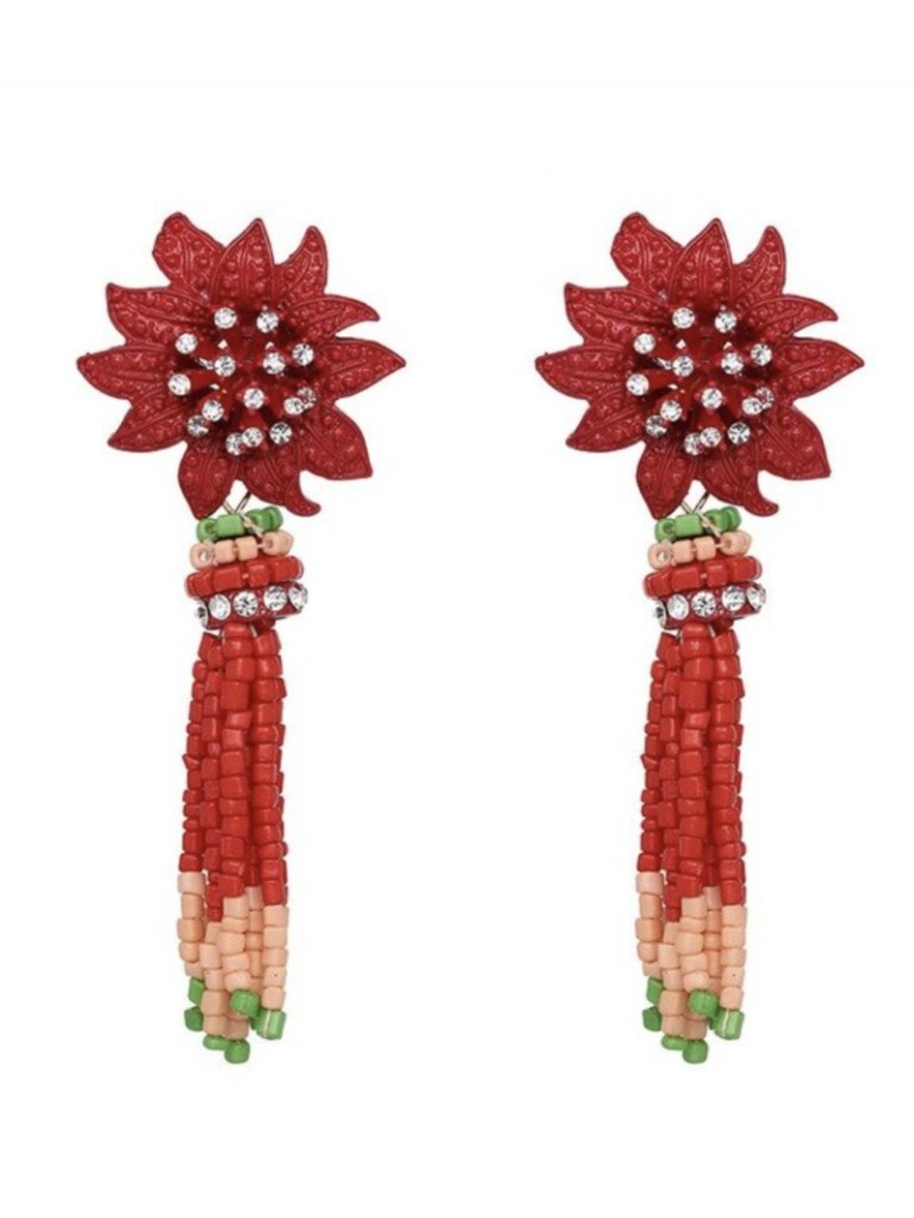 Large Red Green Crystal Long Beaded Boho Flower Earrings